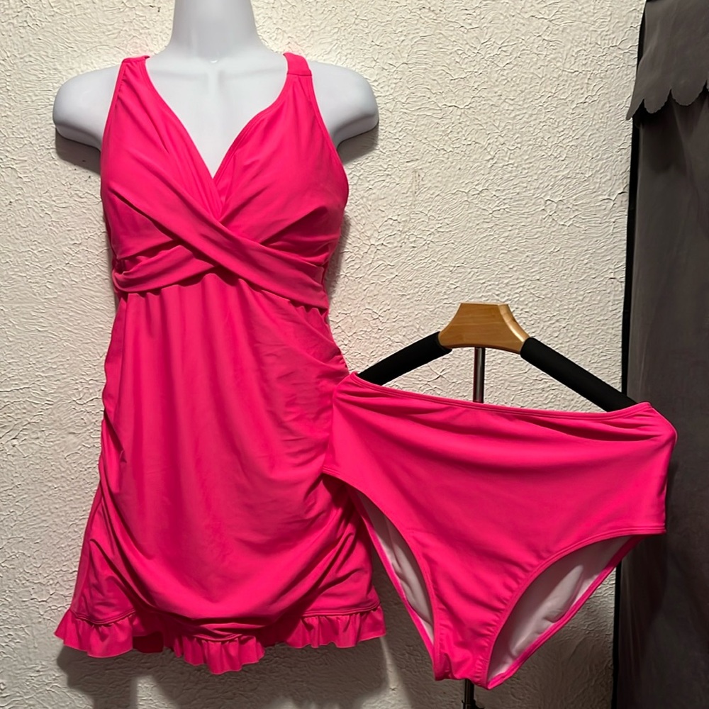 Pink Ruffle Swim Dress With High Wasted Bottoms